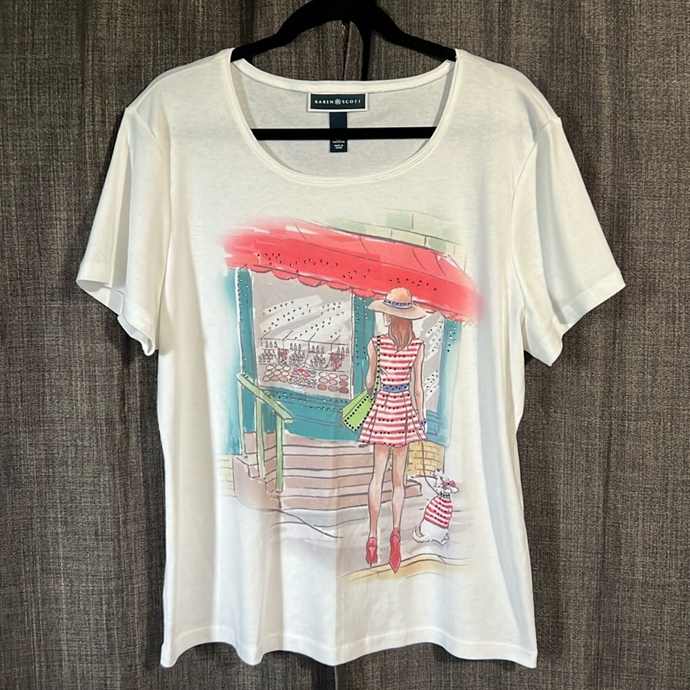 Karen Scott window shopping short sleeve tshirt with rhinestones XL